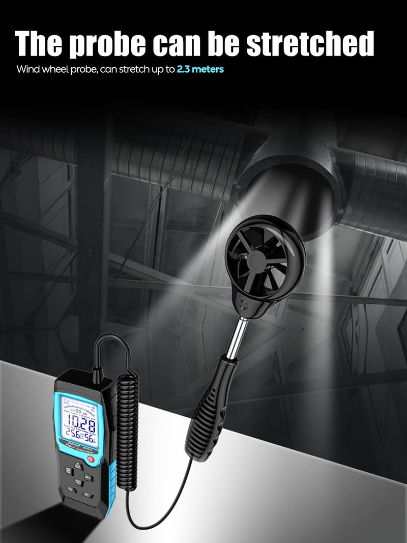 H12 Digital Anemometer Handheld Wind Speed Meter with Extended Wind Sensor, Measures Wind Speed Wind Flow Temperature and Humidity CFM Air Flow Velocity Meter with Big Backlit Screen