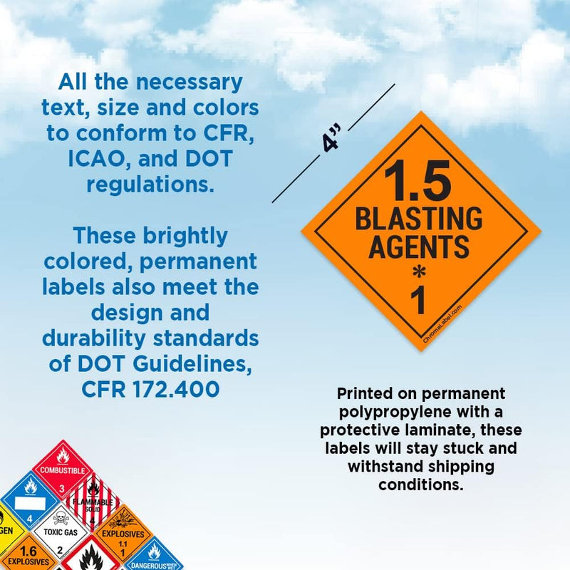 ChromaLabel 4 by 4 Permanent Durable Square D.O.T. Hazard Labels, Hazard Class 1.5 Blasting Agents Label, 100/Roll 4" x 4"