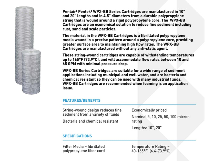 Pentair Pentek WPX50BB97P Big Blue Sediment Water Filter, 10-Inch, Polypropylene String-Wound Replacement Cartridge, 10"x 4.5", 50 micron