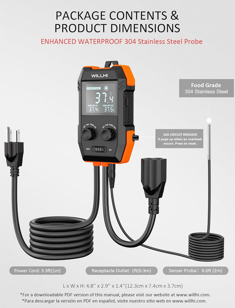 [Australia - AusPower] - WH2408 Temperature Controller 10A 1200W, Digital Thermostat Controlled Outlet Plug Switch for Reptile Terrarium Greenhouse Homebrew Aquarium Seedling Mat, Heating or Cooling Mode Thermometer 1 