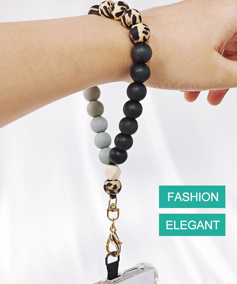 [Australia - AusPower] - Marble Silicone Beaded Phone Wrist Strap, Cellphone Lanyard with Tether Tab, Elastic Hands-Free Wristlet Bracelet Leopard Print 
