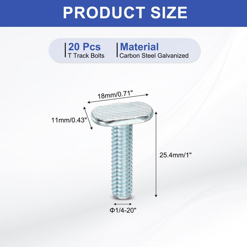[Australia - AusPower] - PATIKIL 1/4"-20 t Track Bolts, 20 Pack 1 Inch T-Slot Bolts Kayak Rail Bolt Accessories for Universal t Track Woodworking Jigs and Fixtures, Silver 1/4"-20x1" 