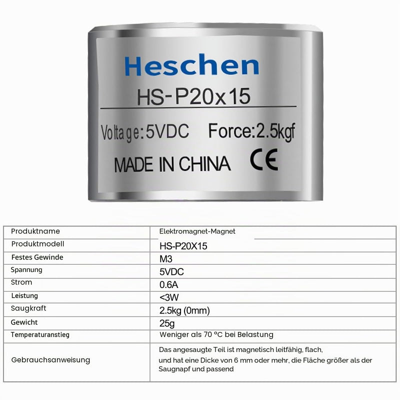 heschen Solenoid Solenoid Valve P20/15, OD: 20 mm, DC 5 V, 2.5 kg/2500 g