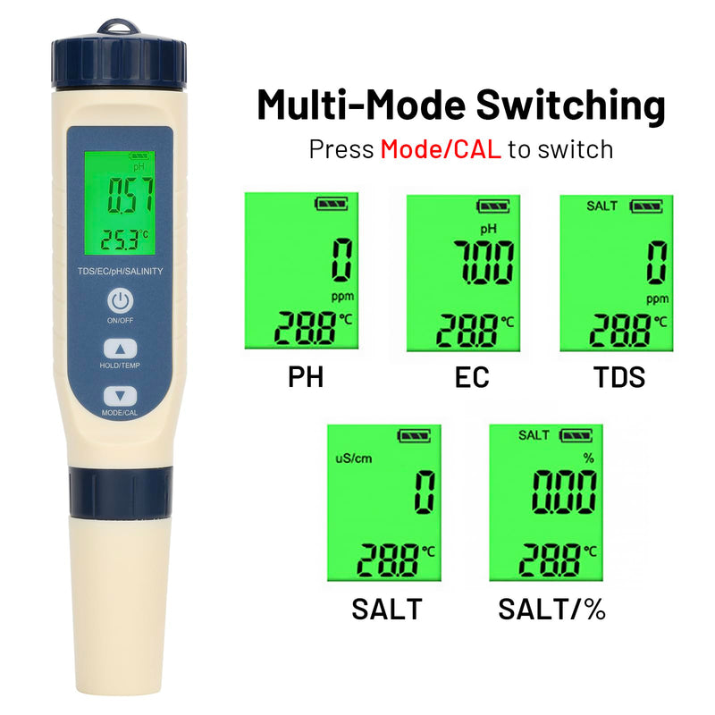 [Australia - AusPower] - diymore Aquarium PH Meter for Water Pool Salt Tester,Digital Salinity Meter Tester and PH Tester for Pool Saltwater Water,5 in 1PH,EC,TDS,PPM,Temperature,Easy to Read,for Drinking Water,Wine,Food 