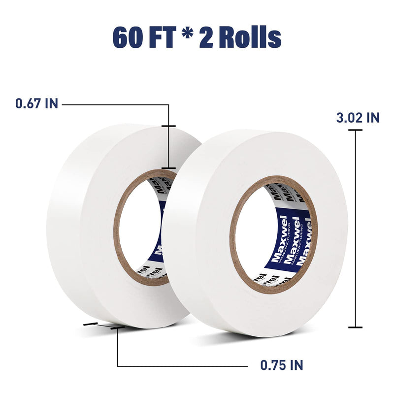 [Australia - AusPower] - White Electrical Tape Vinyl - 3/4 Inch 65 Feet Professional Insulating PVC Electric Tape Flame Retardant Waterproof For All Weather Under 600V Home Outdoor Indoor Wire Insulation Use 2 Rolls Packed White 