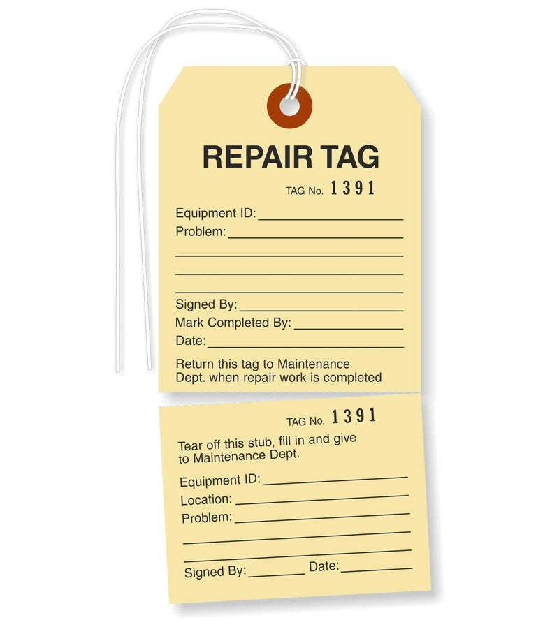 SmartSign Pack of 100 Sequentially Numbered Repair Tags with String | 5 3/4" x 2 7/8" Manila 10pt Cardstock
