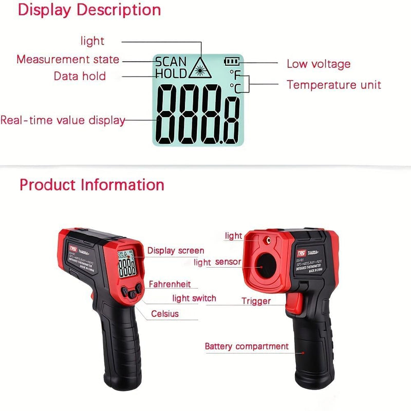 [Australia - AusPower] - Infrared Thermometer, Digital Laser Temperature Meter -37°F~1022°F (-32°C~550°C) IR Temperature Gun (Not for Humans) Ideal for Cooking, Frying, Kitchen, Barbecue, Meat, Sugar, Freezer Red-32°C~550°C 