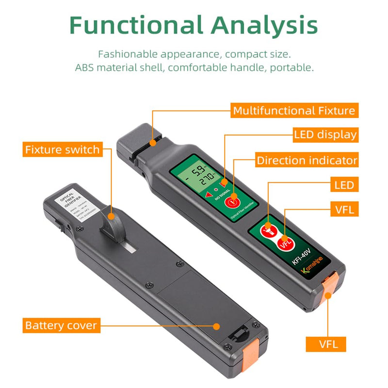 [Australia - AusPower] - Fiber Optical Live Identifier Komshine Classic KFI-40V Identifies Dominant Traffic Direction Indicator Multi in one Chuck 0.25/0.9/2.0/3.0mm FTTH Tool Low False Detection Telecom Maintenance CATV 