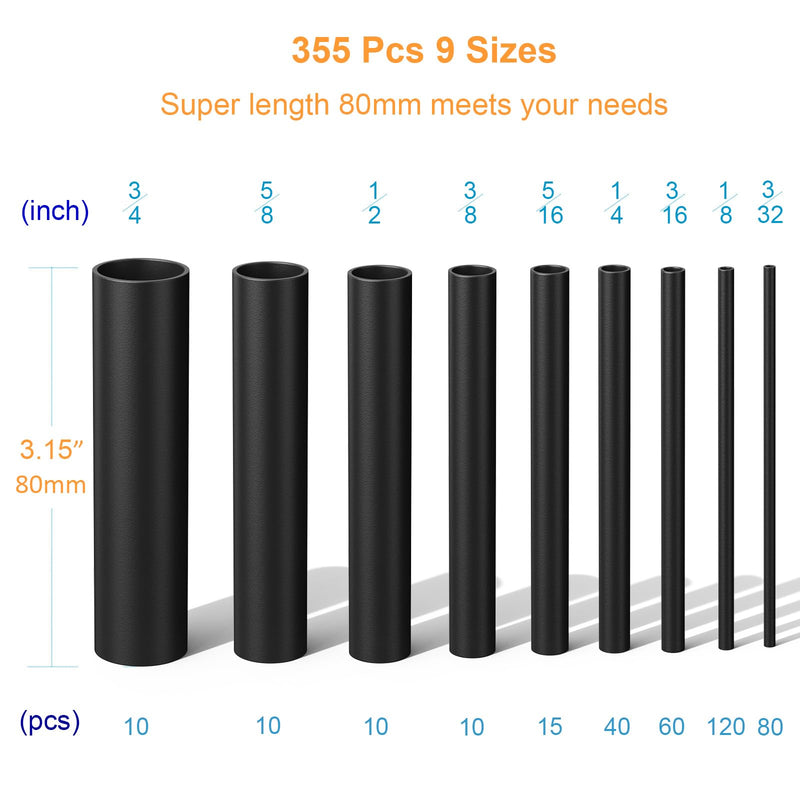 [Australia - AusPower] - Heat Shrink Tubing Kit 355pcs - 3:1 Dual Wall Adhesive Lined - Electrical Waterproof Industrial Heat-Shrink Tubing Terminals- Marine Grade Wire Connector Shrink Wrap Tube - 3.15" Length - Black 