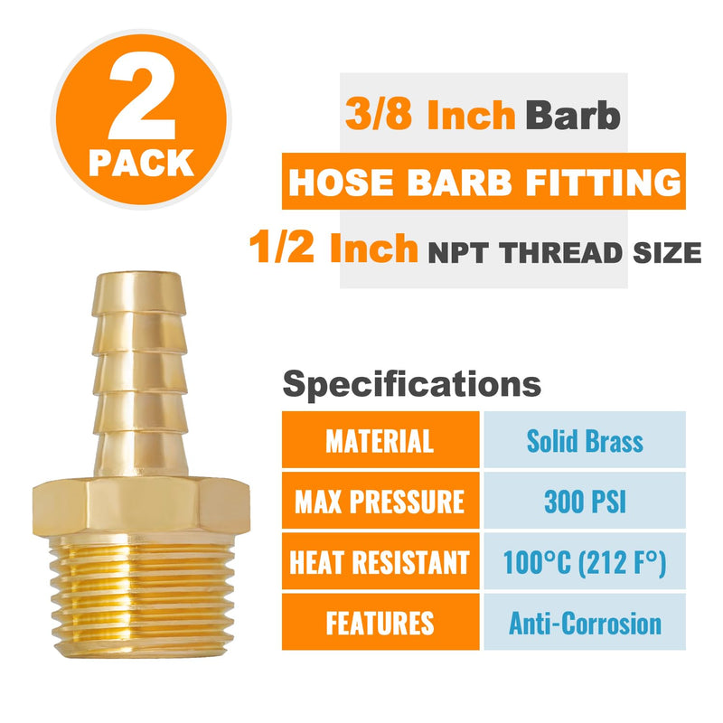[Australia - AusPower] - SUNGATOR Hose Barb Fittings 3/8 Inch Barb × 1/2 Inch NPT, Brass Air Hose Barb Fittings, 3/8" Barb to 1/2" NPT Male Hose to Pipe Fitting Adapter Connector, Barbed Air Hose Repair Fitting Kit (2 Pack) 3/8'' Barb × 1/2'' NPT Male 