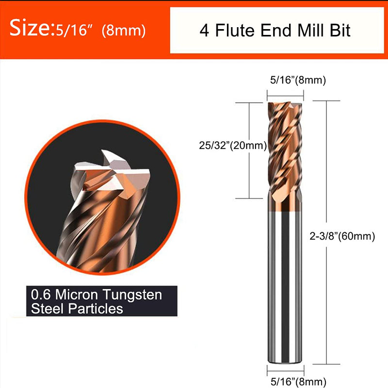 [Australia - AusPower] - ASNOMY 1pc Carbide Square End Mill - 5/16" (8mm) Micro Grain Carbide End Mill for Alloy Steels/Hardened Steels - 4 Fultes Milling Cutter- HRC55 AlTiN Coated 5/16" (8mm) 1 