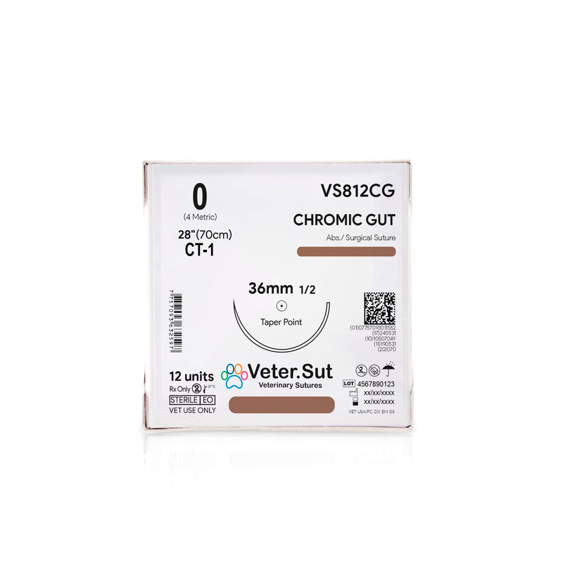 [Australia - AusPower] - VeterSut CHROMIC GUT Absorbable Surgical Suture USP Size 0, (CT-1) 1/2 36mm Taper Point Needle, 28 Inches (70 cm), 12 Count, Veterinary Use 