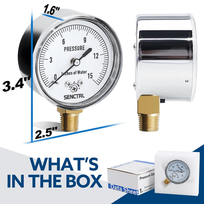 [Australia - AusPower] - 0-15 Inches of Water Column Gauge, Low Pressure Capsule Gauge, 2-1/2" Dial Size, 1/4" NPT Lower Mount, Zero Adjustment, for Air Water Gas Pressure Test 0-15inH2O 