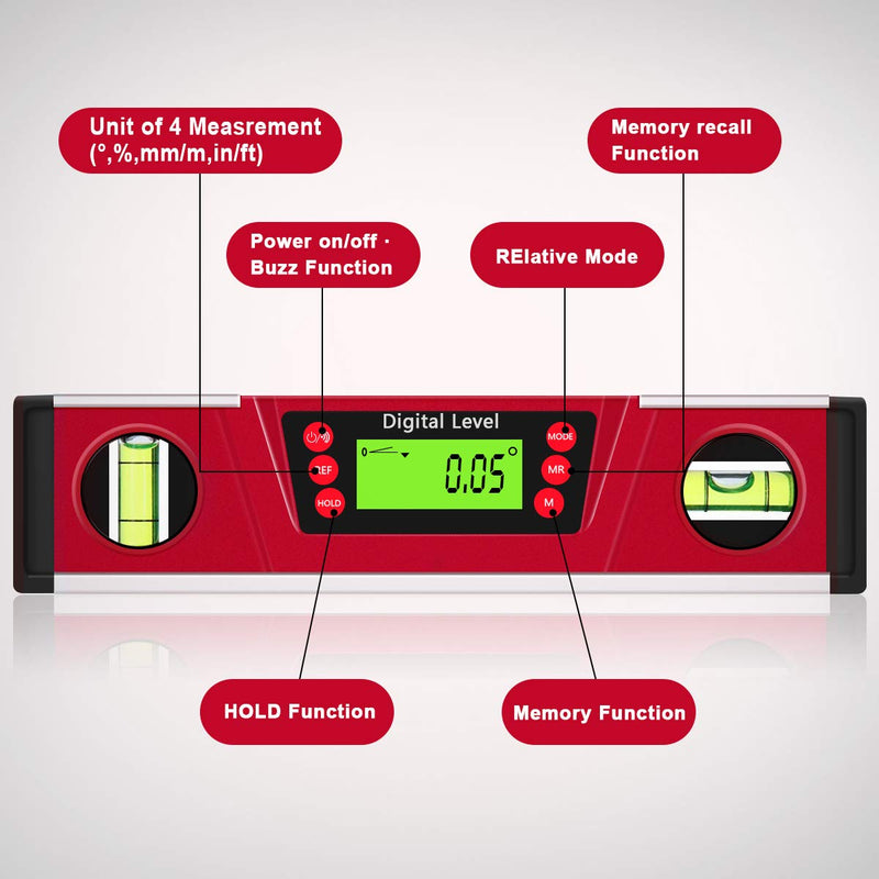 [Australia - AusPower] - Digital Level and Protractor, 10 Inch IP54 Protected Electronic Bubble Inclinometer Angle Finder Gauge with Large LED Backlight Display & Magnetized V-Groove Base Carrying Bag Included 
