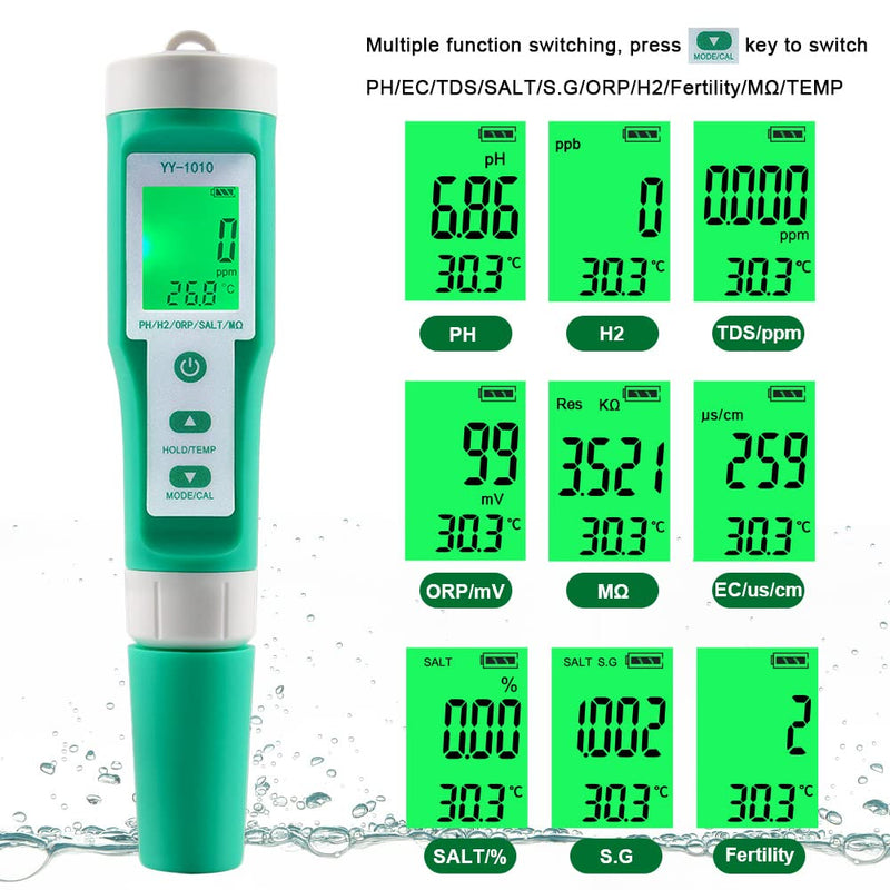 [Australia - AusPower] - Hydrogen Water Tester 10 in 1 Resistivity/Fertility/H2/pH/TDS/EC/ORP/S.G/Salt/Temp Meter with ATC pH Meter,0.01 High Accuracy pH Tester Digital,TDS Meter PPM Meter for Drinking,Hydroponics,Pool. 10-1 