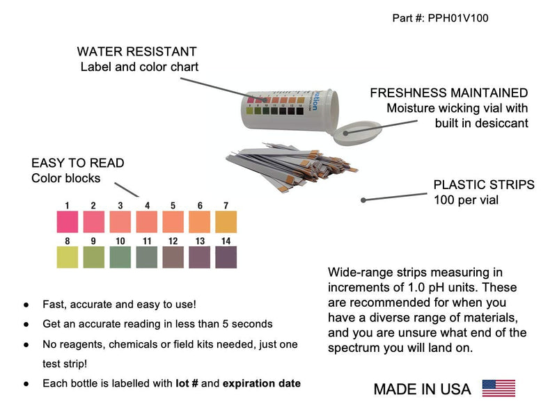 [Australia - AusPower] - pH 1-14 Wide Range Test Strips [Moisture-Proof Vial of 100 Strips] Made in USA 