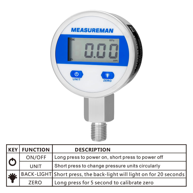 [Australia - AusPower] - MEASUREMAN 2-1/2" dial, Digital Hydraulic Industrial Pressure Gauge with 1/4" NPT Lower Mount, Stainless Steel case and Connection, 200psi/14bar, 1%,Battery Powered, with LED Light 2-1/2" Dial, 0-200psi 1% 