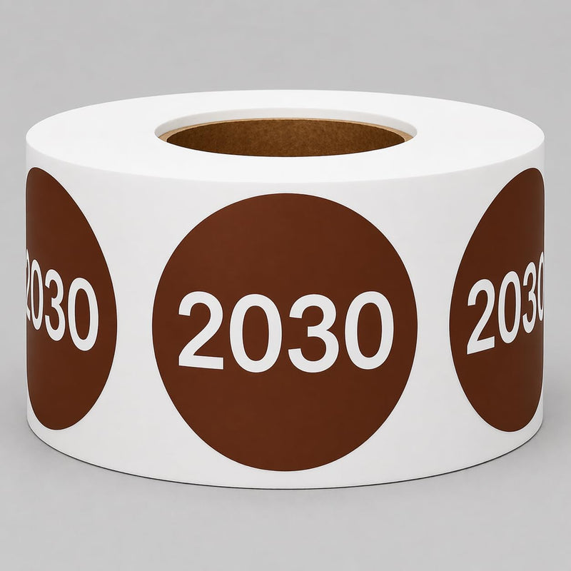 2030 Round Year Labels, 1.5 Inch Circle Stickers, 500 Count per Roll, Semi Gloss Finish for Inventory, Expiration & Organization