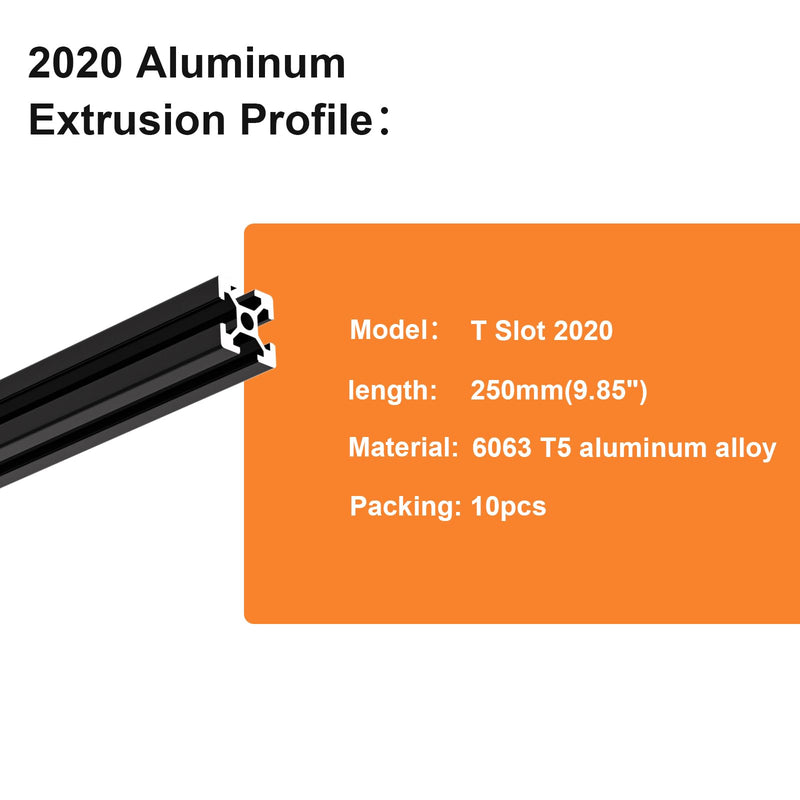[Australia - AusPower] - GASHER 10PCS Aluminum Extrusion Black 250mm T Slot 2020 Aluminum Profile Extrusion Linear Rail Extrusion European Standard, for 3D Printer Parts and CNC Machine (9.85") 250mm(9.85'') 10 