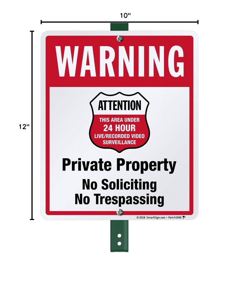 SmartSign 12" x 10" 'Warning - Private Property, No Soliciting/Trespassing, Area Under Surveillance' Yard Sign with 3 ft Stake, 40 mil Laminated Rustproof Aluminum, Red/Black/White