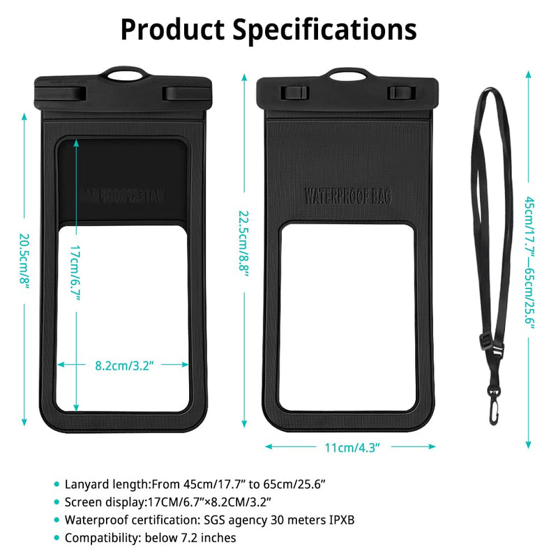 [Australia - AusPower] - CACOE [Not Floatable] Universal IPX8 Waterproof Phone case 2 Pack-Up to 7.2",Phone Pouch with Adjustable Neck Lanyard,Cell Phone Dry Bags for Vacation Kayak Cruise Travel Essentials（Black+Black） Black+Black Up to 7.2"-Not Floatable 