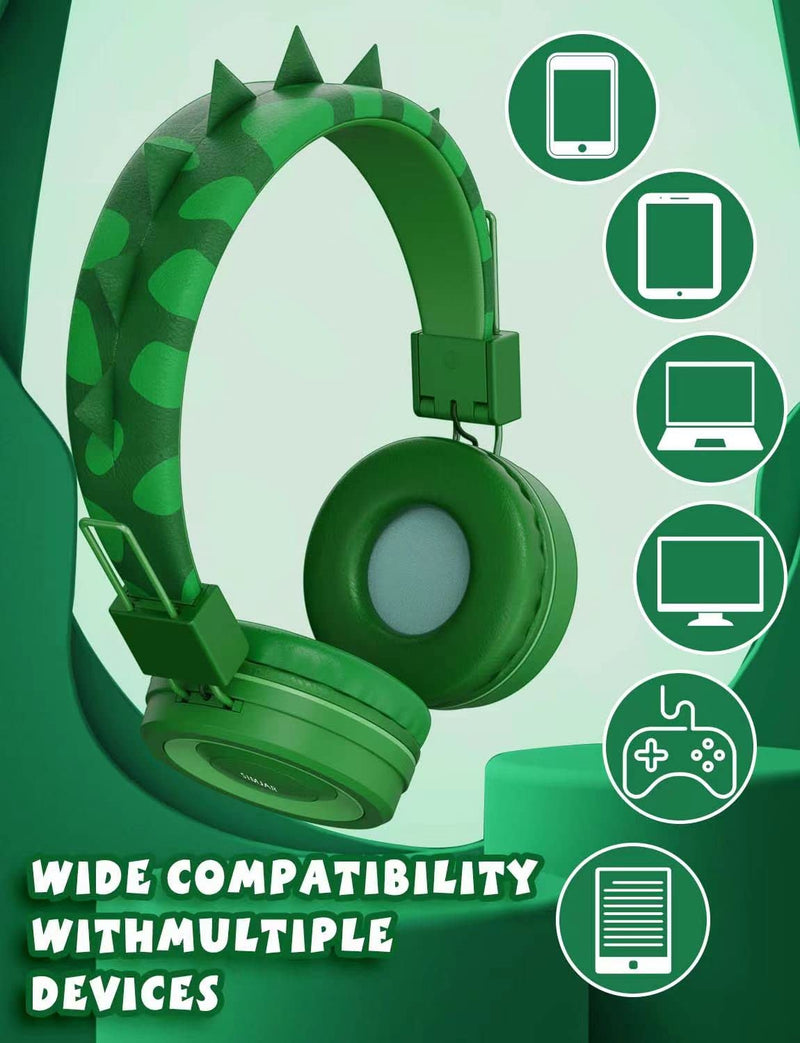 [Australia - AusPower] - SIMJAR Dinosaur Kids Headphones with Microphone for School, Volume Limiter 85/94dB, Over-Ear Girls Boys Headphones for Kids with Foldable Wired Headphones for iPad/Travel/Tablet Green 