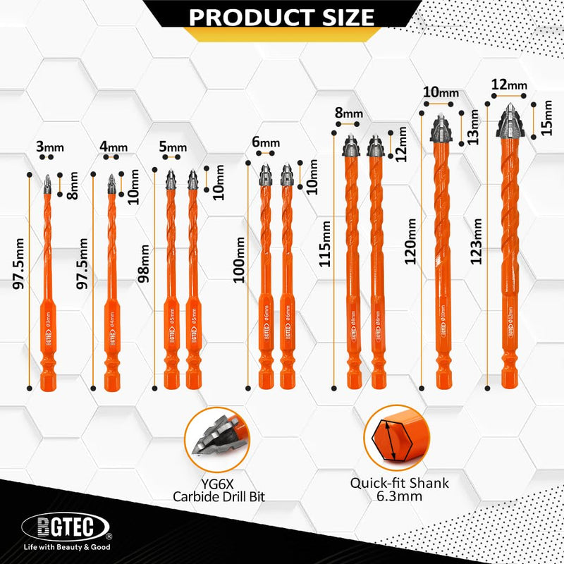 BGTEC Serrated Carbide Masonry Drill Bit Set - 10PCS 3/4/5 * 2/6 * 2/8 * 2/10/12MM Wood Drill Bits with a Quick Release Bit Holder for Wood Plastic Masonry Brick Tile Glass Concrete Marble 3/4/5*2/6*2/8*2/10/12mm 10