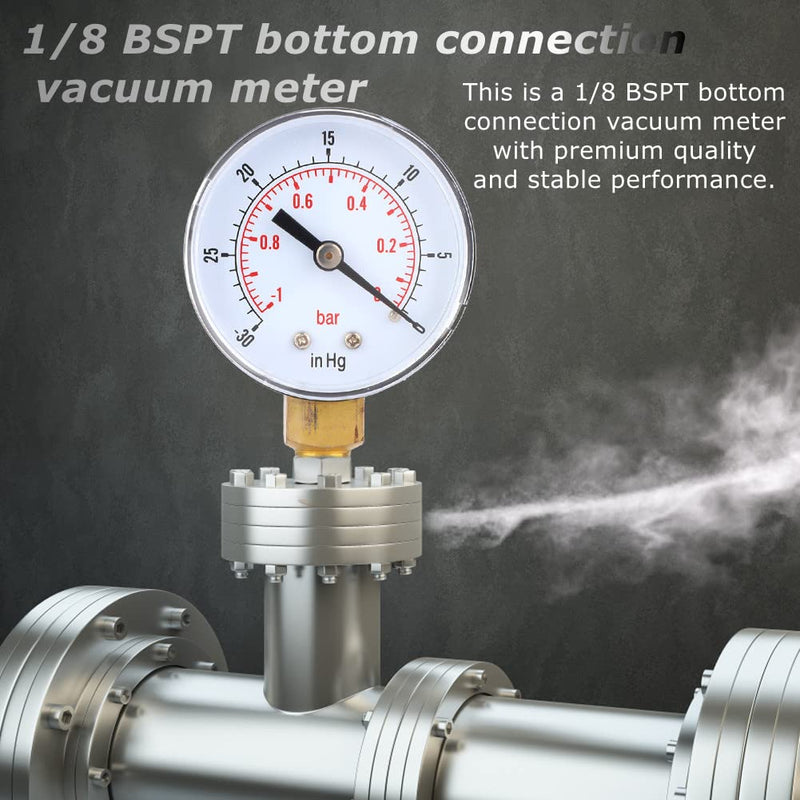 [Australia - AusPower] - Vacuum Gauge 1/8 BSPT Vacuum Pressure Gauge, Vacuum Gauge, Synchronous Tester, 50 mm Dial Gauge 1-0 Bar -30-0inHg Dual Scale Pressure Gauge, Vacuum Gauge, Vacuum Gauge for Measuring Water, Oil, Air or 