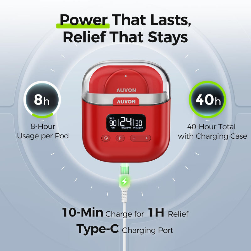AUVON Wireless 24 Modes TENS Unit Muscle Stimulator for Pain Relief, Smart Rechargeable TENS Machine with Dual Size 6 TENS Pads for Physical Therapy, Pocket-Size TENS Device for Shoulder & Back Pain Red