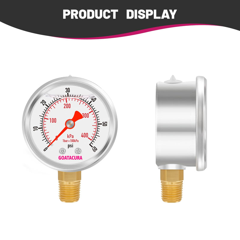 [Australia - AusPower] - 0-60psi/kpa Glycerin Filled Pressure Gauge, 2" Dial Size, 304 Stainless Steel Case, 1/4" NPT Lower Mount, with High Accuracy, for Measuring Water Air Hydraulic Pressure 0-60psi 