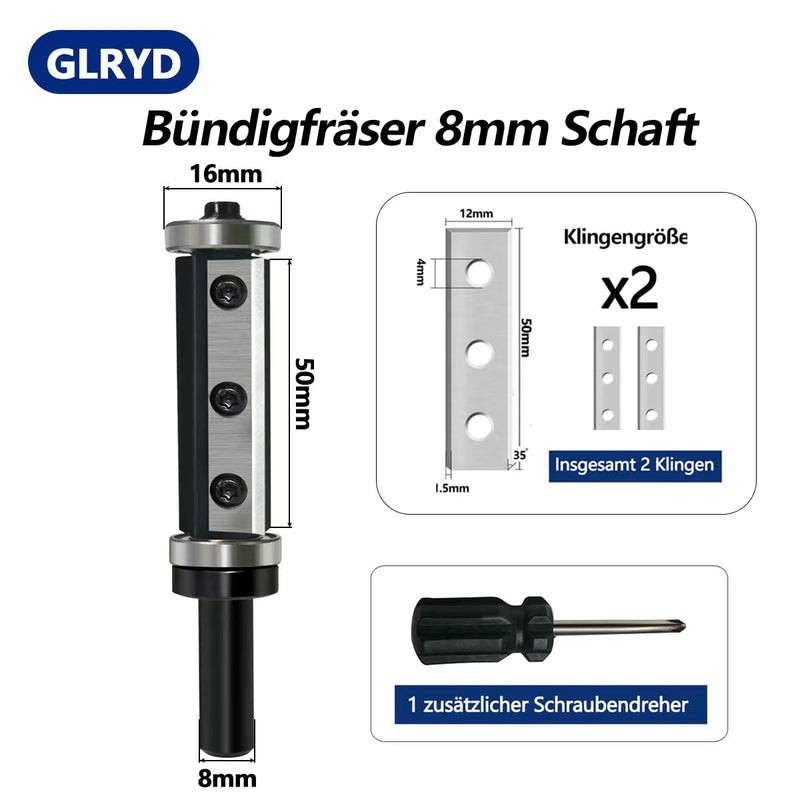 [Australia - AusPower] - GLRYD Flush Cutter 8 mm Shank, 50 mm Cutting Length, D = 16 mm, 2 Cutting Surfaces, Reversible Plates, Carbide, with Ball Bearings Top and Bottom, for Woodworking, Flush Surface/Copy Milling/Edge S=8mm,D=16mm, L=50mm Reversible plates flush cutter 