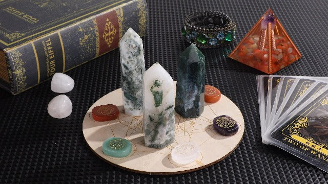 moonsix Natural Moss Agate Pointed Crystal Tower, 3.19-4.17 Inches Multicolor 3.19-4.17 Inch