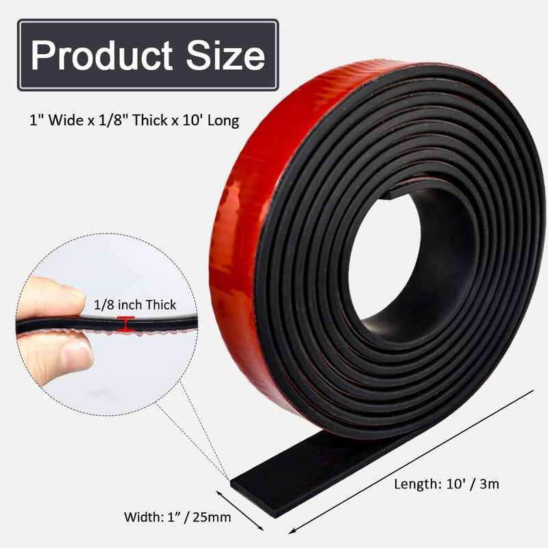 Adhesive Rubber Strips with Adhesive Backing Self Stick Neoprene Solid Rubber Sheets Rolls Strips for Gaskets Pads Seals Crafts Protection (1" Wide x 1/8" Thick x 10' Long)