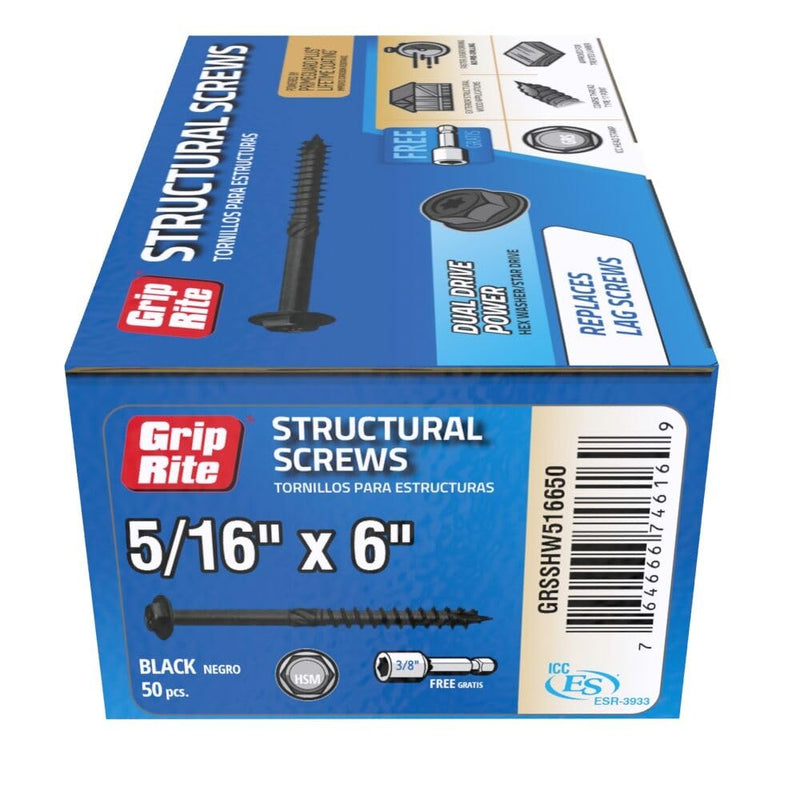 Grip Rite GRSSHW516650 5/16-inch by 6-inch Dual Drive for 3/8-inch Hex and T-25 Star Drive Prime Guard Plus Structural Screws 50 count