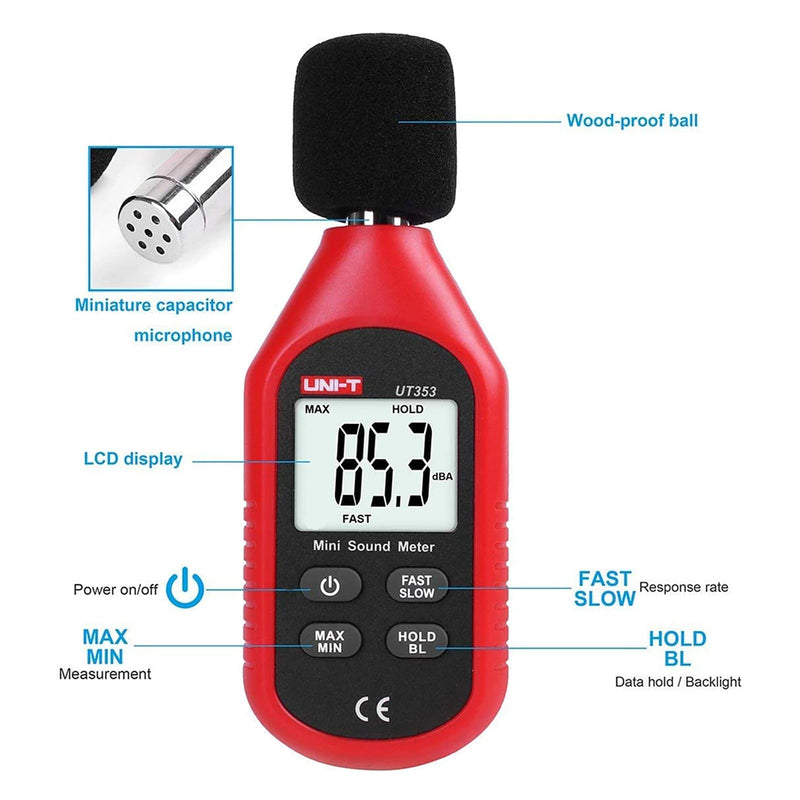 [Australia - AusPower] - UT353 Mini Sound Level Meters, Digital Decibel Meter 30-130dB Audio Noise Volume Measure Device with Backlight LCD Display 