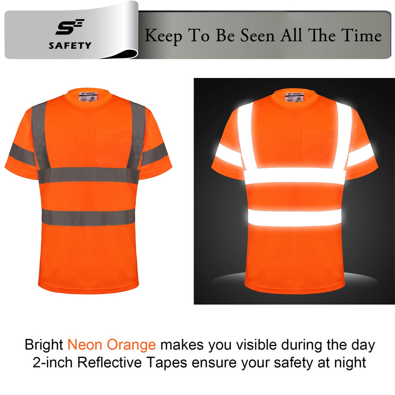 sesafety High Visibility Shirt for Men Hi-Vis Construction Work Shirt with Pocket and Reflective Strips Safety Short Sleeve Tshirt Class 3 Orange 3XL