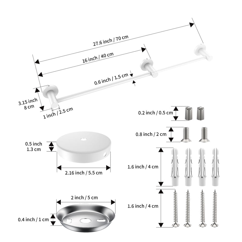 Adjustable Single Bath Towel Bar 16 to 27.6 Inch, ZUEXT Oil Rubbed White Stainless Steel Towel Holder Hanger,Expandable Wall Mount Towel Rail for Bathroom Kitchen,1" Tube Towel Rail Racks w/Hooks White Single Towel Bar 1