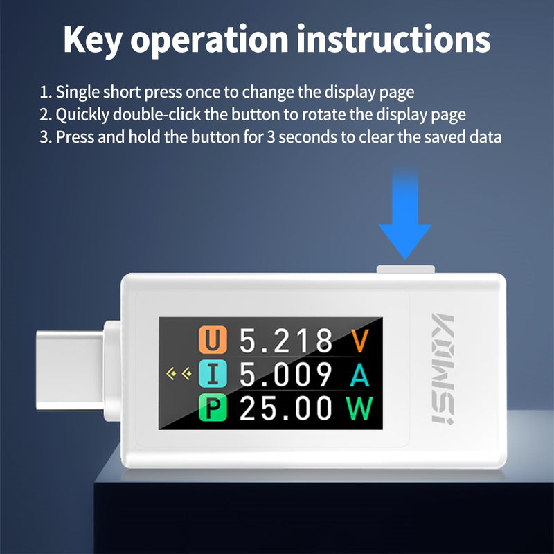 [Australia - AusPower] - USB C Tester Voltage and Current Tester Meter Voltmeter Power Bank Capacity USB Cable Charger Detector with Manual （KWS-1902L White 