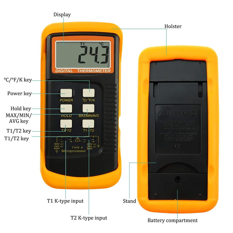 [Australia - AusPower] - K Type Thermocouple Thermometer Dual Channels Thermocouple Tester (-58~2372°F) High Accuracy Temperature Kelvin Scale Meter with 2X Temperature Clamp & 2X Pipe Thermocouple Probes K Type Thermocouple Thermometer 