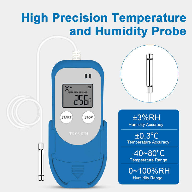[Australia - AusPower] - ThermElc TE-03 ETH Temperature Data Logger High Precision Digital Probe, Temperature Humidity Data Logger Accuracy up to ±0.3°C, Automatic PDF CSV Report, LED Warning Light TE-03 ETH 1PCS 