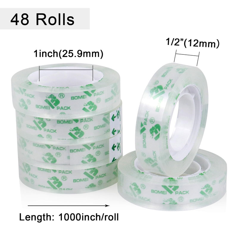 BOMEI PACK 48Rolls Crystal Clear Tape Refills for Dispenser, Bulk Office Transparent Tape for Home and School, 1/2Inch x 1000 inch 48