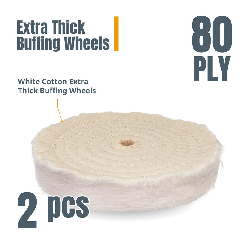 POWERTEC 71630 6-Inch Extra Thick Spiral Sewn Buffing Wheel, Cotton (80 Ply) w/ 1/2" Arbor Hole, 2PK 6 inch 2 PCS White Buffing Wheel