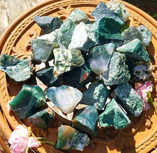 Zenkeeper 1Lb Raw Moss Agate Crystal Stone Rough Gemstones Fountain Rocks for Tumbling, Cabbing, Polishing, Wire Wrapping, Wicca & Reiki Crystal Healing