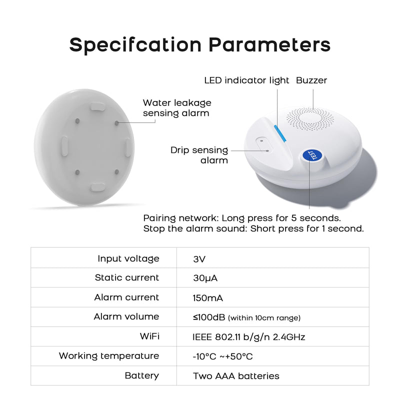 [Australia - AusPower] - PGST WiFi Water Leak Detectors,Wireless Water Leak & Drip with 100dB Adjustable Alarm,for Smart Life Tuya APP Control & Instant Alerts,for Basement, Bathroom,Laundry,Kitchen,Sink,2.4G WiFi Only 