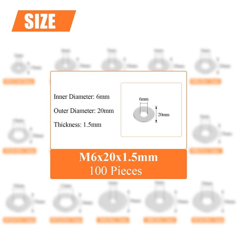 [Australia - AusPower] - 100 Pieces M6x20x1.5mm Fender Washers, 304 Stainless Steel Large Fender Washers, Inner Diameter 6mm, Outer Diameter 20mm, Thickness 1.5mm 