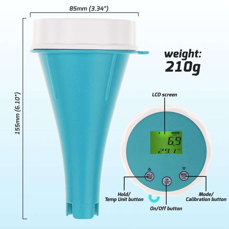 6-in-1 Digital Floating Water Monitor with Bluetooth | Real Time PH, EC, ORP, Chlorine, Salinity and Temperature Tests | 1000 Data Sets, Waterproof IP67, 24-Hour Monitoring