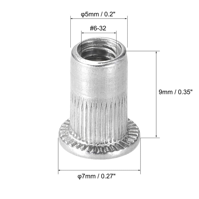 [Australia - AusPower] - uxcell #6-32 Rivet Nuts Aluminium Alloy Knurled Flat Head Threaded Insert Nut Silver 100pcs 