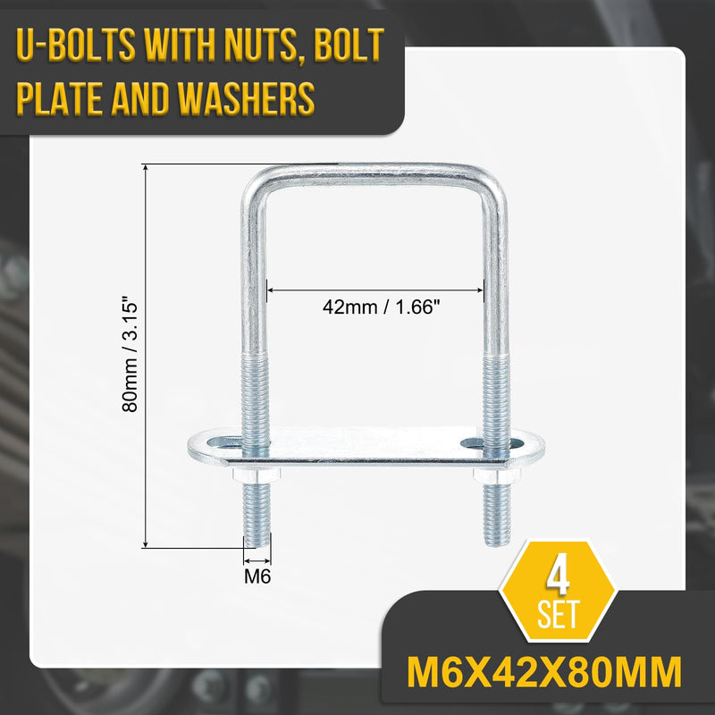 [Australia - AusPower] - M6x42x80mm U Bolts Square Kit - 4Set - Carbon Steel U-Bolt Kit with Nuts, Washers, Frame Plate - Good for DN42 Pipe, Trailer, Automotive, Leaf Spring Fastener M6x42x80mm DN42 4 