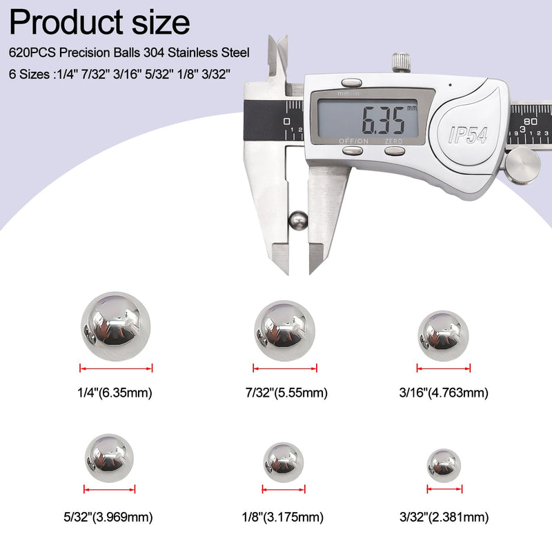 Taiss 620PCS 304 Stainless Steel Precision Balls 6 Sizes 1/4" 7/32" 3/16" 5/32" 1/8" 3/32" Precision Balls Assortment Kit F-086-620PCS
