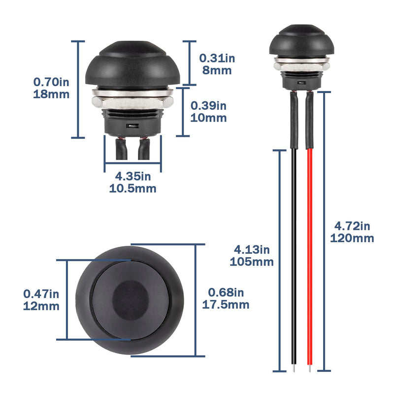 [Australia - AusPower] - VEXUNGA 12 mm Switch Momentary Push Button Mini Momentary Push Button On Off Push Button Waterproof Push Button Round with Cable Black (Pack of 6) 
